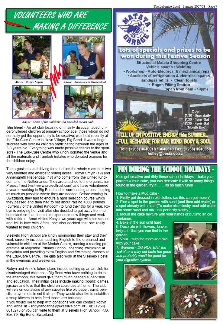 A picture of the lebomobo local including an article about volunteers in Swaziland