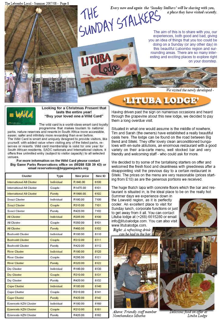 A picture of the lebomobo local including an article by the sunday stalker on the Lituba Lodge 